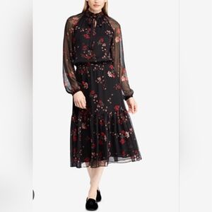 Lauren Ralph Lauren Black and Red Floral Long Sleeve Midi Dress